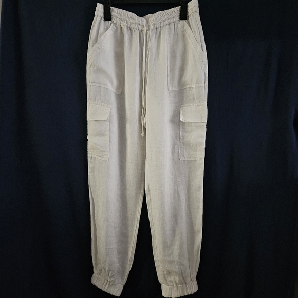 Magaschoni Pants - White Linen Pants Cargo Pants Drawstring Waist Womens Large